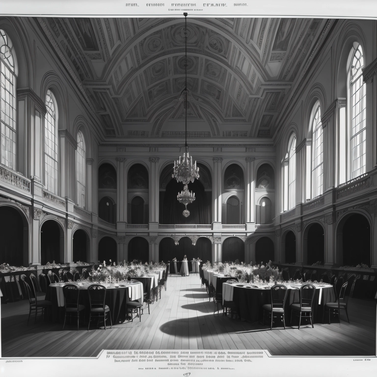 A black and white drawing shows an old newspaper engraving, a ballroom, lots of guests in Victorian dresses and tails, a fancy ball,  in the style of vignettes of paris, gravure printing, dark maroon and dark azure, panoramic scale, historical references, symmetrical asymmetry, large scale murals