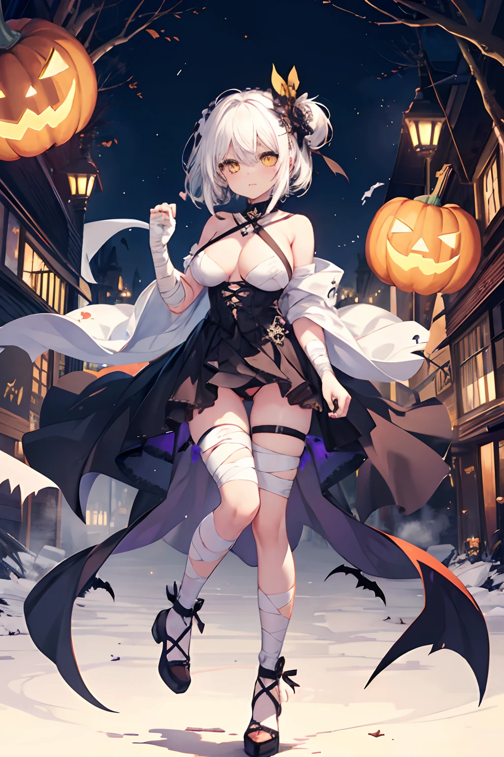 {high quality}, {1girl}, {white hair}, {yellow eyes}, {paint exact eyes}, {not to create margins}, {bandages over naked}, {wrapped all over in bandages}, ghost town, Halloween, Halloween, full body bandages, full body bandages, {cover breasts and pussy with bandages}, {bats}