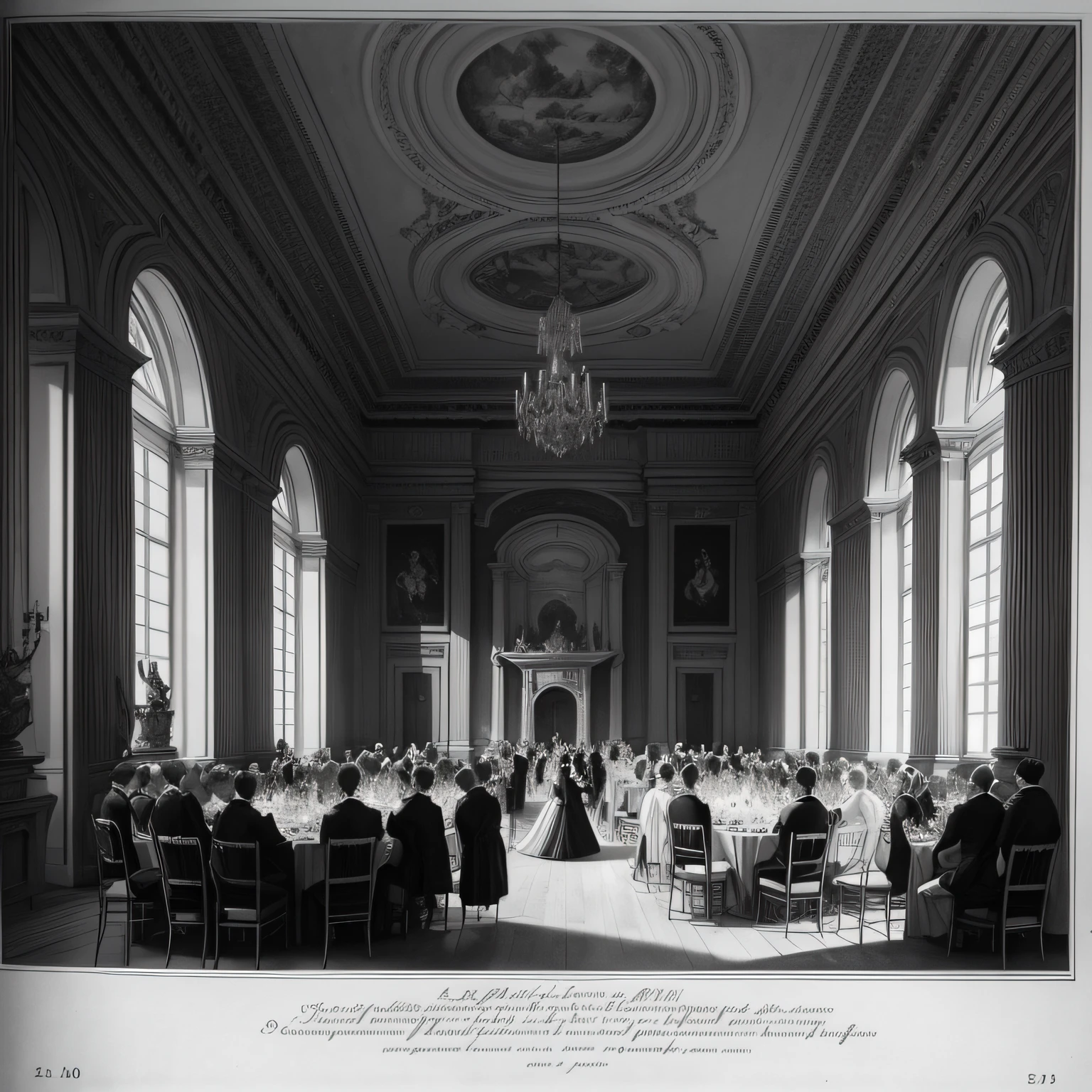 A black and white drawing shows an old newspaper engraving, a ballroom, lots of guests in Victorian dresses and tails, a fancy ball,  in the style of vignettes of paris, gravure printing, dark maroon and dark azure, panoramic scale, historical references, symmetrical asymmetry, large scale murals