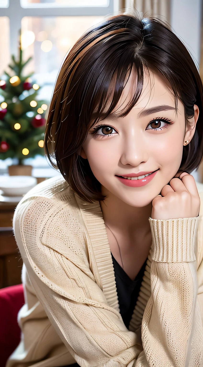 (highest quality,8K quality,masterpiece:1.3,),(超A high resolution,Photoreal:1.4,Raw photo),(super detailed,caustics,perfect anatomy),(ultra-realistic capture,Fine and beautiful skin),(A girl smiling broadly in front of a large Christmas cake),(Christmas cake close-up:1.3),living room,18-year-old,black short bob,one thing is heavy,white sweater,stare at the camera,bust up shot,(Low - Angle),warm lighting、big breasts