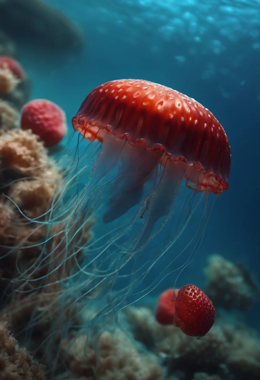 In the ocean,There is a glimmer,blue,There are many small jellyfish swimming in the same direction。The head of the jellyfish is replaced with a strawberry