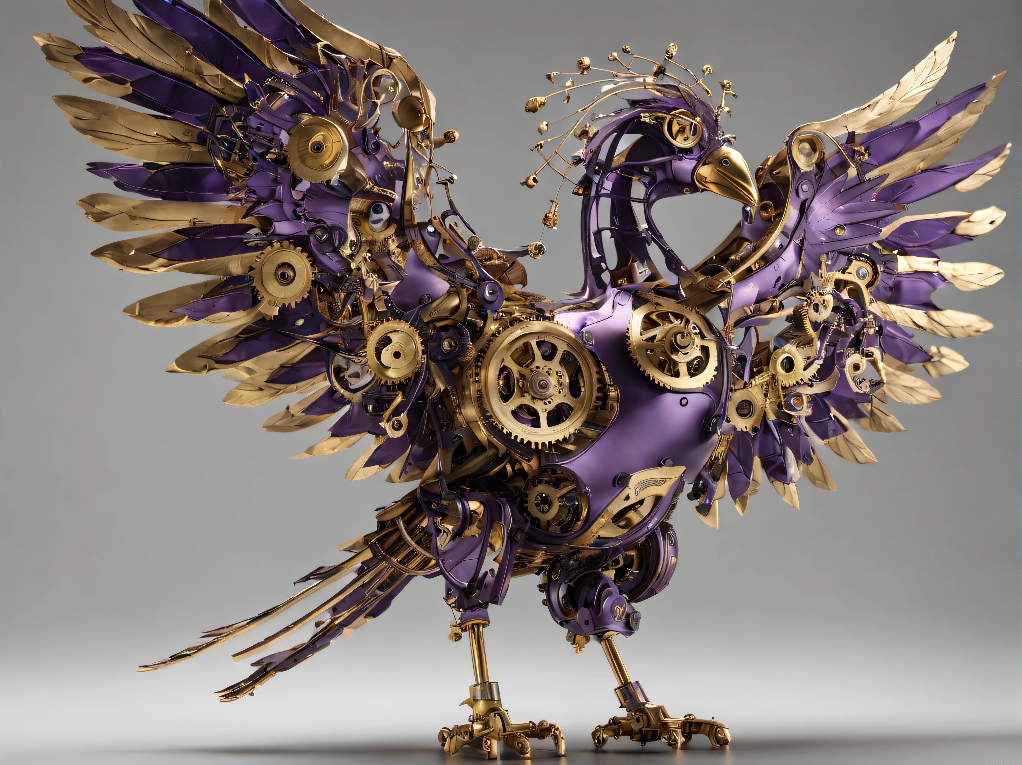 incredibly intricate full body photo of a mechanical phoenix bird ((with visible clockwork elements)), Canon RF, F/2.8, intricate detail, raytracing, subsurface scattering, shadow blending, cinematic, infinite ultra-resolution image quality and render, 55mm, widescreen, clockwork, cogs, mechanical, purple and gold highlights