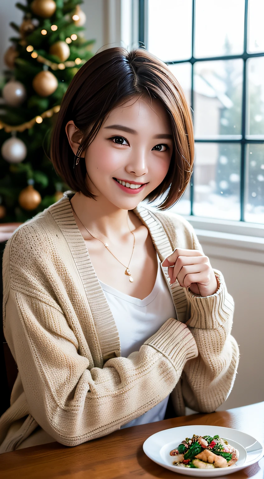 masterpiece, Best quality, Raw photorealism, Smile, big smile, happy face, Beautiful girl, Cute, Short hair, very short hair, small breasts, depth of field, High resolution, Ultra detail, Very detailed eyes and face, Sharp pupils, Realistic pupils, Sharp focus, Movie lighting, soft lighting, cardigan, wearing brown cardigan, winter, winter vibe, Christmas tree background, at Christmas dinner setting, wine glasses, wrapped presents on dinning table, snowing behind a window,
