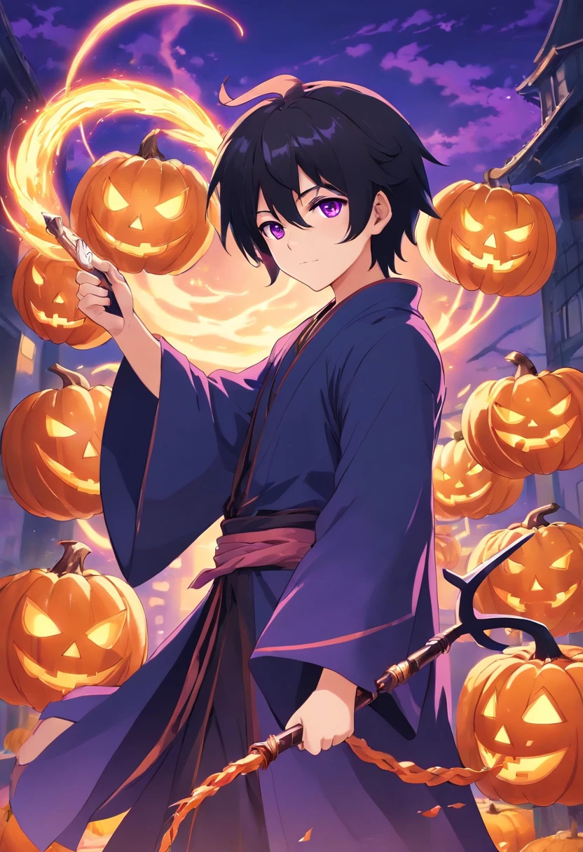 Black-haired mage, Purple-eyed man and sickle，in a halloween style，