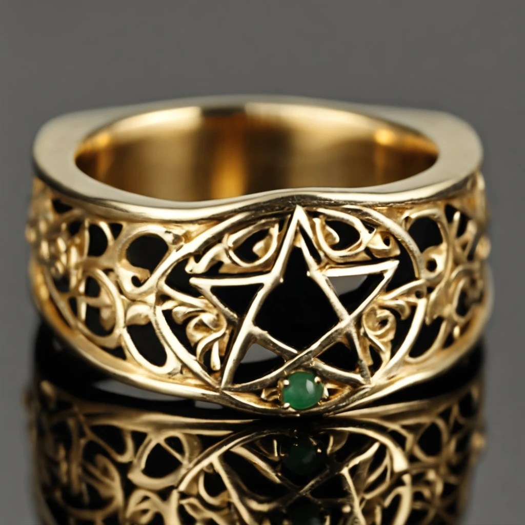 (Ring art design,Pentagram pattern,Simple jewelry design,Art Nouveau,dynamic art,Contemporary art:1.45),(Berlin black iron jewelry in Victorian Gothic style, Gold thread and jade ring,Hollow plant shape metal carving,Intricate,ironwork,Handmade,Romantic engagement rings，The center is inlaid with a five-pointed star gold motif. Add a feminine touch to your designs,The image has a softness, Fantastical Atmosphere，Available for Facebook Ring Ads:1.2),