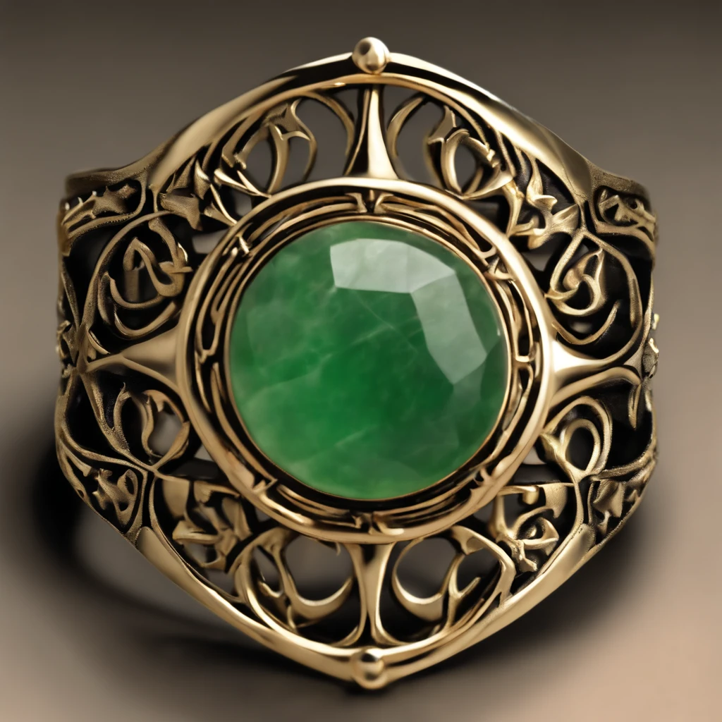 (Ring art design,Pentagram pattern,Simple jewelry design,Art Nouveau,dynamic art,Contemporary art:1.45),(Berlin black iron jewelry in Victorian Gothic style, Gold thread and jade ring,Hollow plant shape metal carving,Intricate,ironwork,Handmade,Romantic engagement rings,The center is inlaid with a five-pointed star gold motif. Add a feminine touch to your designs,The image has a softness, Fantastical Atmosphere,Available for Facebook Ring Ads:1.2),