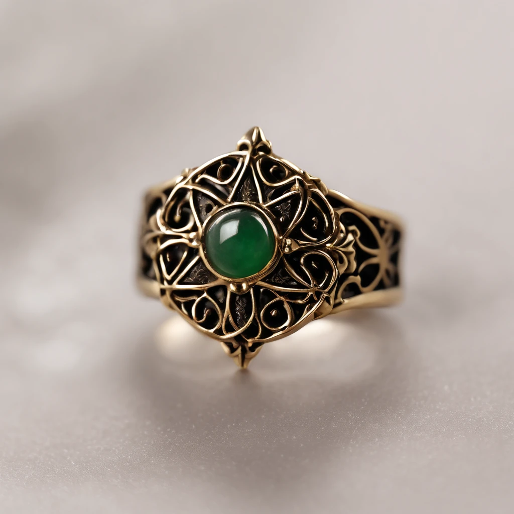 (Ring art design,Pentagram pattern,Simple jewelry design,Art Nouveau,dynamic art,Contemporary art:1.45),(Berlin black iron jewelry in Victorian Gothic style, Gold thread and jade ring,Hollow plant shape metal carving,Intricate,ironwork,Handmade,Romantic engagement rings,The center is inlaid with a five-pointed star gold motif. Add a feminine touch to your designs,The image has a softness, Fantastical Atmosphere,Available for Facebook Ring Ads:1.2),
