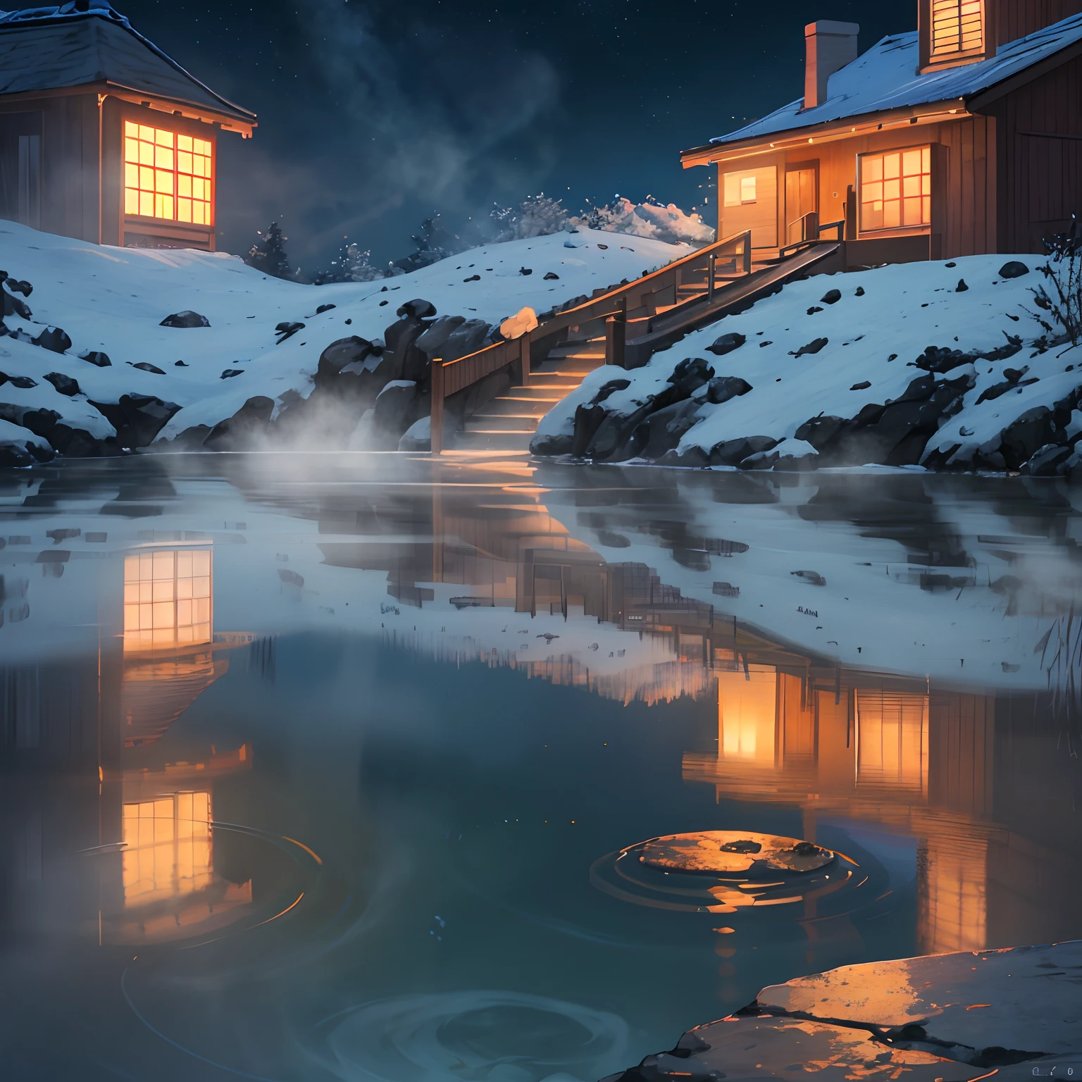 No Man, Hot Springs, Heat, Water Vapor, Night (Illustration: 1.0), Epic Composition, Realistic Lighting, HD Details, Masterpiece, Best Quality, (Very Detailed CG Unified 8k Wallpaper)