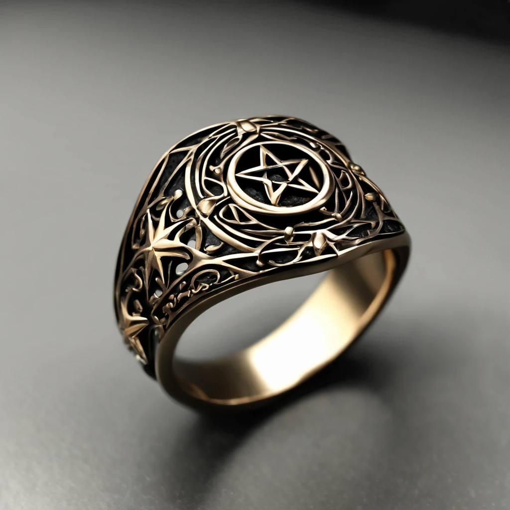 (Ring art design,Pentagram pattern,Simple jewelry design,Art Nouveau,dynamic art,Contemporary art:1.45),(Berlin black iron jewelry in Victorian Gothic style,Hollow plant shape metal carving,Intricate,ironwork,Handmade,Romantic engagement rings，The center is inlaid with a five-pointed star gold motif. Add a feminine touch to your designs,The image has a softness, Fantastical Atmosphere，Available for Facebook Ring Ads:1.2),