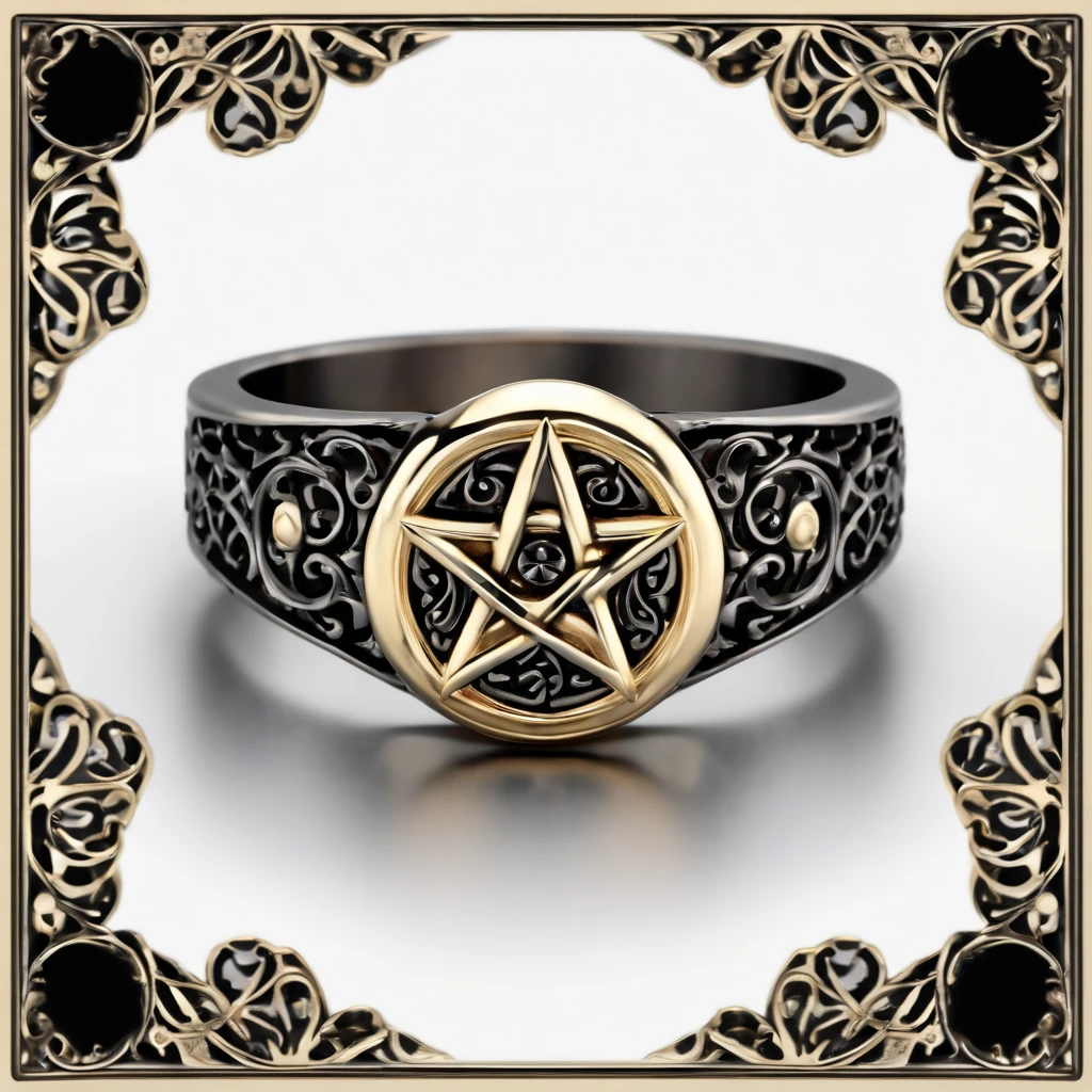 (Ring art design,Pentagram pattern,Simple jewelry design,Art Nouveau,dynamic art,Contemporary art:1.45),(Berlin black iron jewelry in Victorian Gothic style,Hollow plant shape metal carving,Intricate,ironwork,Handmade,Romantic engagement rings,The center is inlaid with a five-pointed star gold motif. Add a feminine touch to your designs,The image has a softness, Fantastical Atmosphere,Available for Facebook Ring Ads:1.2),