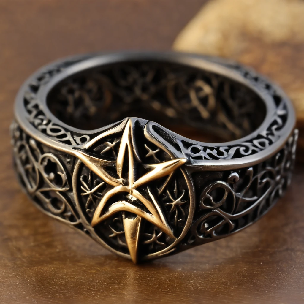(Ring art design,Pentagram pattern,Simple jewelry design,Art Nouveau,dynamic art,Contemporary art:1.45),(Berlin black iron jewelry in Victorian Gothic style,Hollow plant shape metal carving,Intricate,ironwork,Handmade,Romantic engagement rings,The center is inlaid with a five-pointed star gold motif. Add a feminine touch to your designs,The image has a softness, Fantastical Atmosphere,Available for Facebook Ring Ads:1.2),