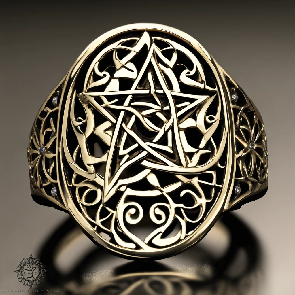 (Ring art design,Pentagram pattern,Simple jewelry design,Art Nouveau,dynamic art,Contemporary art:1.45),(Berlin black iron jewelry in Victorian Gothic style,Hollow plant shape metal carving,Intricate,ironwork,Handmade,Romantic engagement rings,The center is inlaid with a five-pointed star gold motif. Add a feminine touch to your designs,The image has a softness, Fantastical Atmosphere,Available for Facebook Ring Ads:1.2),