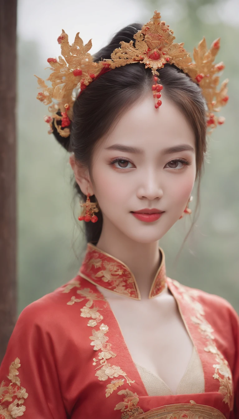 jianjue,wanjianguizong,16k,masterpiece,textured skin,multiple swords,embellished costume,Award winning photos, extremely detailed, stunning, intricate details, absurd, highly detailed woman, extremely detailed eyes and face, dazzling red eyes, detailed clothing,ultra long sleeves,dingxianghua,QMSJ,candy-coated,in the style of saturated pigment A woman wearing a red and gold Chinese dress,Phoenix crown,a chinese wedding,(tmasterpiece,top Quority,best qualtiy,offcial art,Beauty and aesthetics:1.2),(1girll:1.3),The is very detailed,(s fractal art:1.1),Most detailed,( zentangle:1.2), full bodyesbian, (abstract backgrounds:1.3), (Shiny skin), (many color:1.4), happy smile,(Earrings), (feater:1.5),