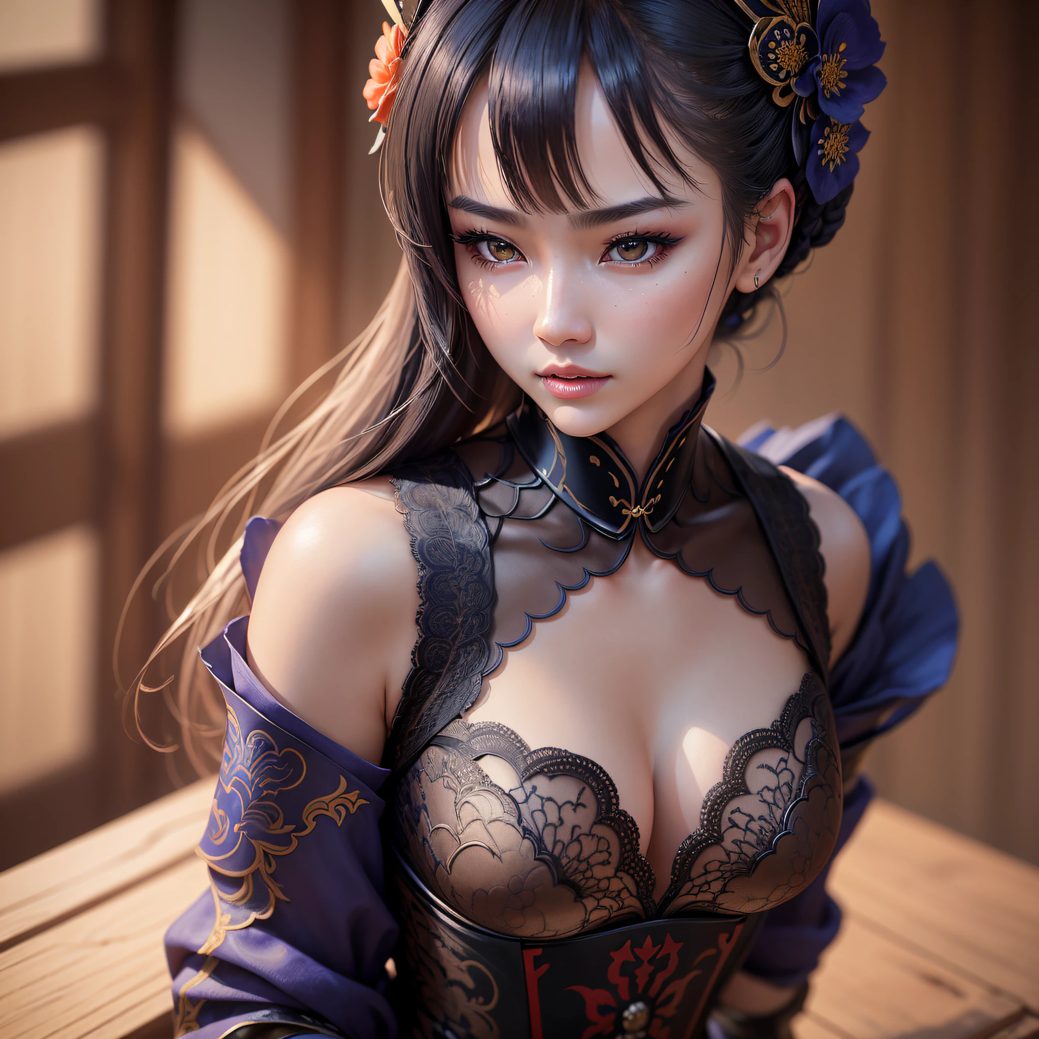 .Masterpiece:1.2, Best Quality), Realistic, (real picture, intricate details, Depth of field), (1girl, 独奏), make up, parted lips, higly detailed, a perfect face, (Skindentation), glossy coral lips, Blushing, Raiden Baal (Raiden Schugn) from Genshin Impact,Highly detailed hands,