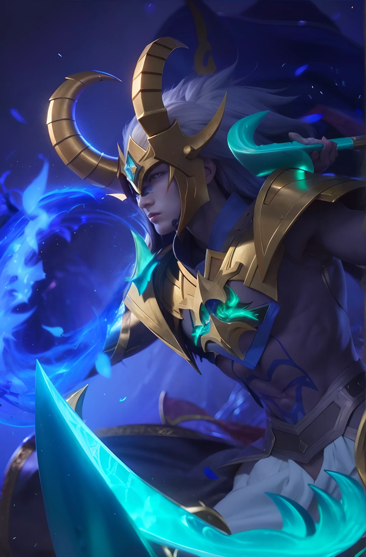 a close up of a person holding a sword in a dark room, nasus, inspired by Huang Shen, leblanc, artist unknown, aurelion sol, Mobile Legends character, splash art, tane skin, inspired by Shen Zhou, sylas, mobile legends, thertrevkaiser, official splash art, heise jinyao, inspired by Yi Inmun, unknown artist, detailed face, detailed nose, detailed eye, blue glowing eyes