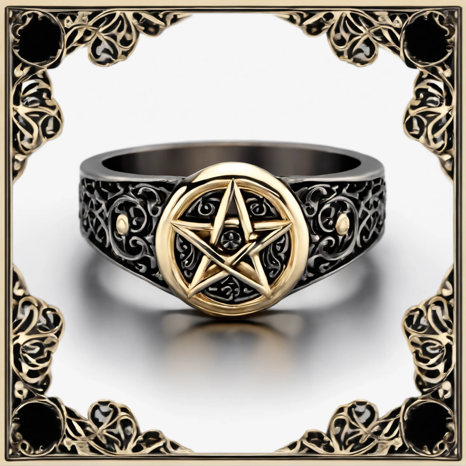 (Ring art design,Pentagram pattern,Simple jewelry design,Art Nouveau,dynamic art,Contemporary art:1.45),(Berlin black iron jewelry in Victorian Gothic style,Hollow plant shape metal carving,Intricate,ironwork,Handmade,Romantic engagement rings,The center is inlaid with a five-pointed star gold motif. Add a feminine touch to your designs,The image has a softness, Fantastical Atmosphere,Available for Facebook Ring Ads:1.2),
