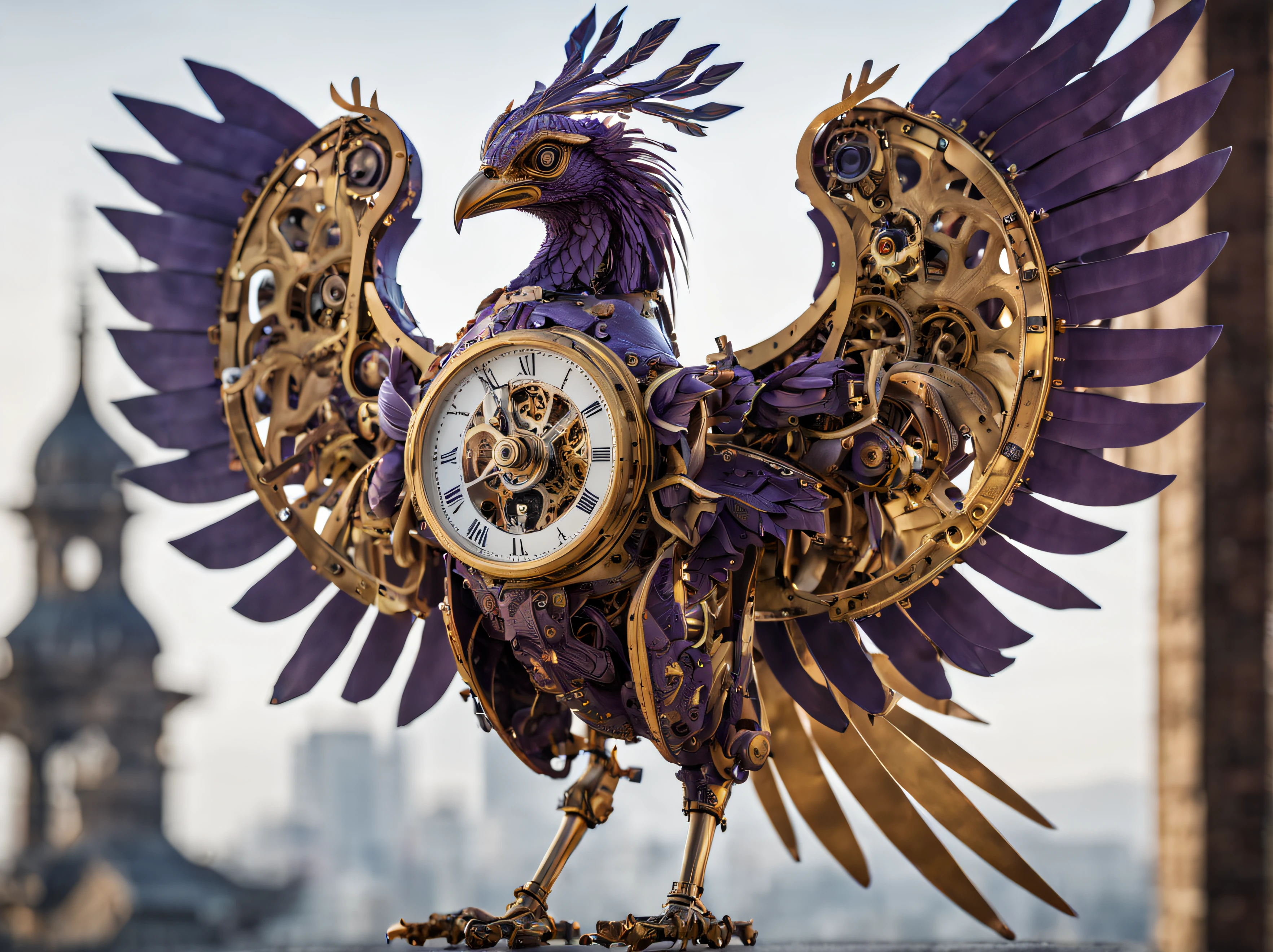 incredibly intricate full body photo of a mechanical phoenix bird ((with visible clockwork elements)), Canon RF, F/2.8, intricate detail, raytracing, subsurface scattering, shadow blending, cinematic, infinite ultra-resolution image quality and render, 55mm, widescreen, clockwork, cogs, mechanical, purple and gold highlights