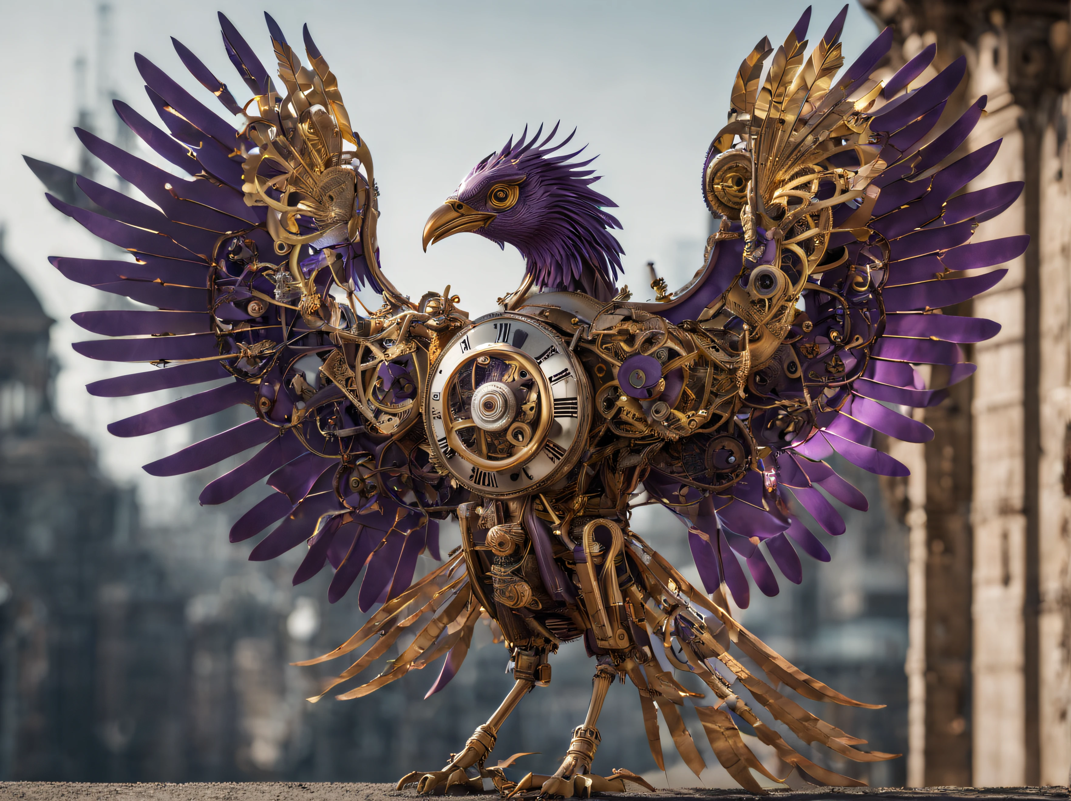 incredibly intricate full body photo of a mechanical phoenix bird ((with visible clockwork elements)), Canon RF, F/2.8, intricate detail, raytracing, subsurface scattering, shadow blending, cinematic, infinite ultra-resolution image quality and render, 55mm, widescreen, clockwork, cogs, mechanical, purple and gold highlights