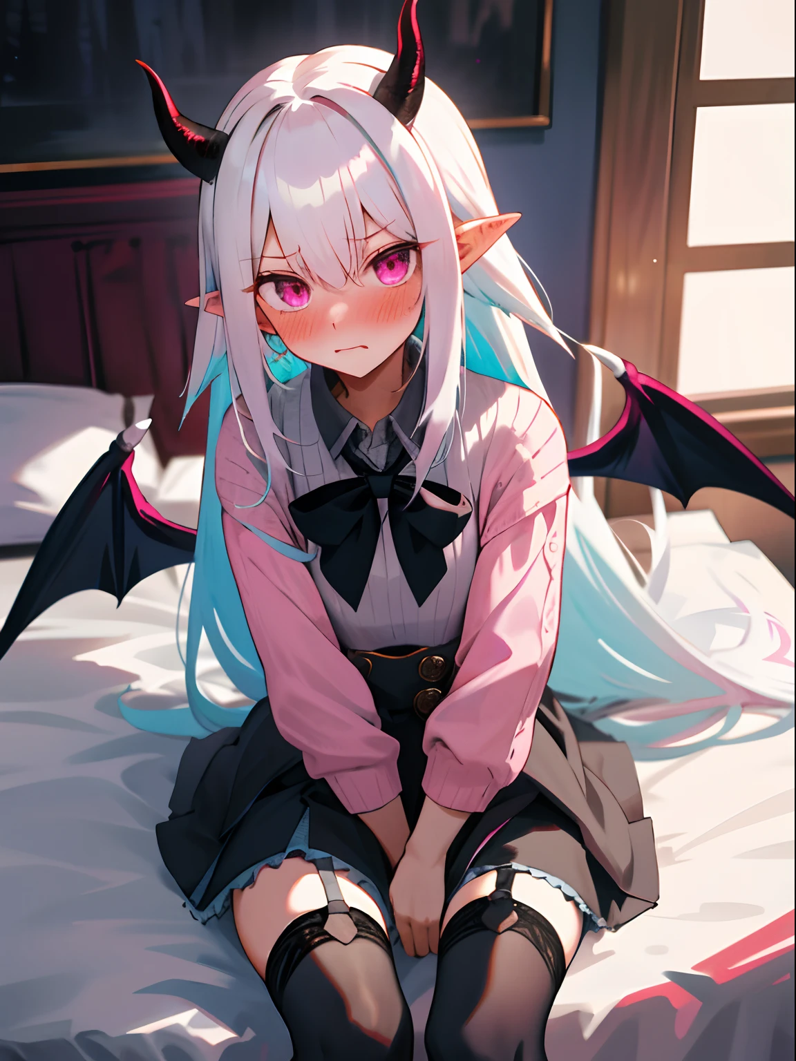 One girl with long hair, white hair, looking at viewer, embarrassed, blushing, indoor , bed, sit on, spread legs, pink sweater, black bow tie, black hight waist skirt ,thigh, pointy ears, demon wings, demon king, demon horn, perfect waist, black stocking