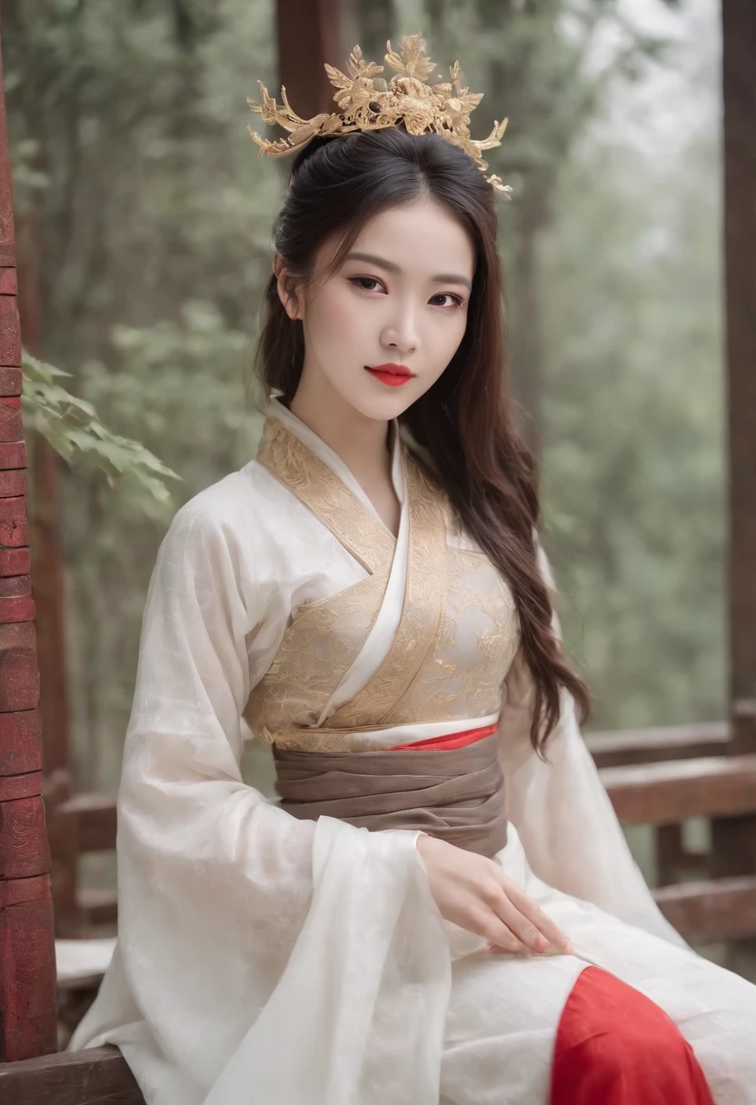 (tmasterpiece，High Picture Quality，Beautiful face，Oriental women，Eastern warriors，gallant woman，swordsmen，a matural female，Refined eye and facial details，Stand tall，Fairy-like appearance，Beautiful embryos，Light gauze like white，Cloth boots and over-the-knee stockings display，Hanfu，ancient wind，Light smoke and mist surrounds，Long black hair，Stunning beauty，Tallbody，Rich scene details，action，Wide buttock，Thick thighs)A woman wearing a red and gold Chinese dress，Phoenix crown，a chinese wedding，（tmasterpiece，top Quority，best qualtiy，offcial art，Beauty and aesthetics：1.2），（1girll：1.3），The is very detailed，（s fractal art：1.1），Most detailed，（ zentangle:1.2), full bodyesbian, (abstract backgrounds:1.3), (Shiny skin), (many color:1.4), happy smile,(Earrings), (feater:1.5),
