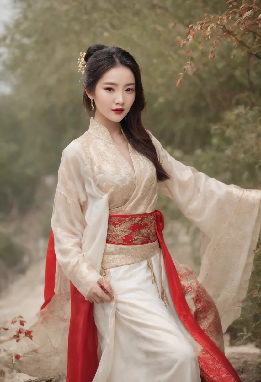 (tmasterpiece，High Picture Quality，Beautiful face，Oriental women，Eastern warriors，gallant woman，swordsmen，a matural female，Refined eye and facial details，Stand tall，Fairy-like appearance，Beautiful embryos，Light gauze like white，Cloth boots and over-the-knee stockings display，Hanfu，ancient wind，Light smoke and mist surrounds，Long black hair，Stunning beauty，Tallbody，Rich scene details，action，Wide buttock，Thick thighs)A woman wearing a red and gold Chinese dress，Phoenix crown，a chinese wedding，（tmasterpiece，top Quority，best qualtiy，offcial art，Beauty and aesthetics：1.2），（1girll：1.3），The is very detailed，（s fractal art：1.1），Most detailed，（ zentangle:1.2), full bodyesbian, (abstract backgrounds:1.3), (Shiny skin), (many color:1.4), happy smile,(Earrings), (feater:1.5),