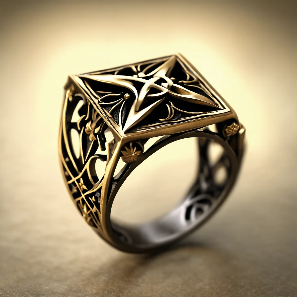 (Ring art design,Pentagram pattern,Simple jewelry design,Art Nouveau,dynamic art,Contemporary art:1.45),(Berlin black iron jewelry in Victorian Gothic style,Hollow plant shape metal carving,Gold products,Handmade,Romantic engagement rings，The center is inlaid with a five-pointed star gold motif. Add a feminine touch to your designs,The image has a softness, Fantastical Atmosphere，Available for Facebook Ring Ads:1.2),