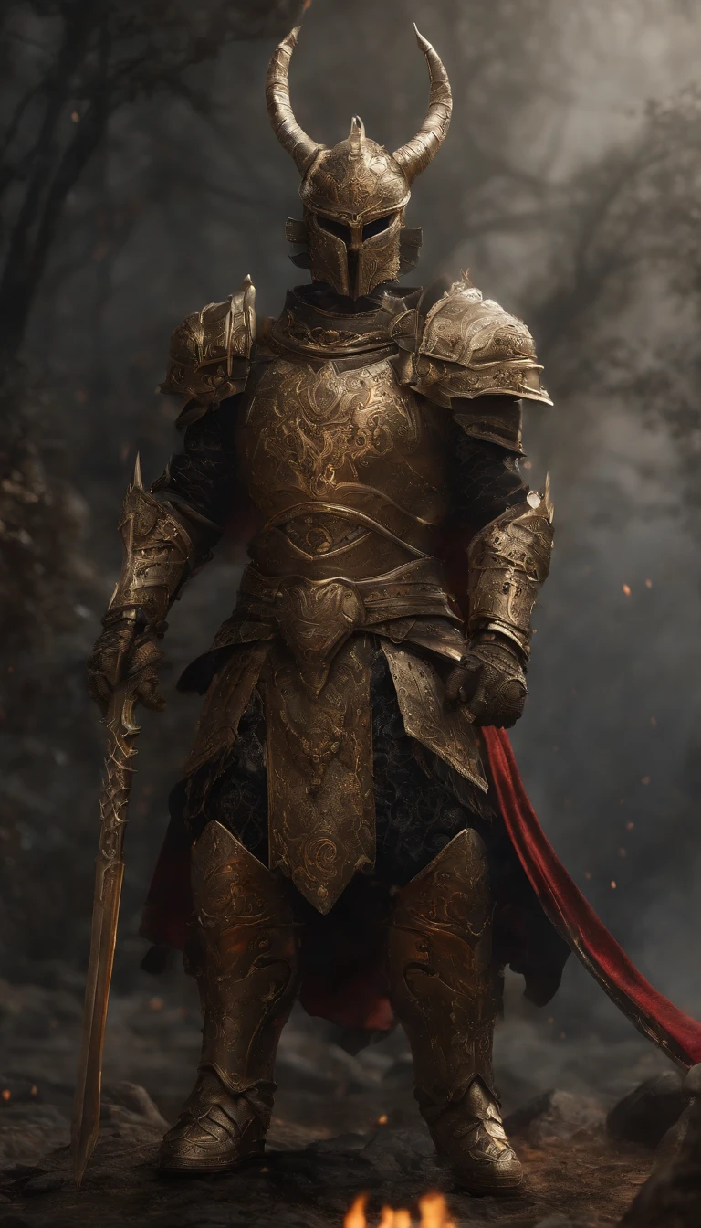 warrior, concept-art, Fantasy art, battleground background, clean render, a horned, Wear a suit of armor, Detailed bushido form smoke, helmet of a forgotten deity, character is standing, 8k Realistic, in game render, detailed face background detail, Art station front page, taur, Pseudo-medieval fantasy, Skeleton of Koi armor, detailed bronze armor, Bronze armor, golden etched armor, gold obsidian armor, Light gold armor, Gorgeous filigree armor, skeleton warrior, Gorgeous armor full of thorns, Intricate assasin armor, Intricate metal armor, powerful warrior, Dressed in gorgeous gold armor,Decorated with intricate patterns, The helmet has a large crown and two horns,Glowing red eyes, Everything is in the dark, The smoky background hints at the battle scene, Add an ominous aura to his character,submission, Full body shot.