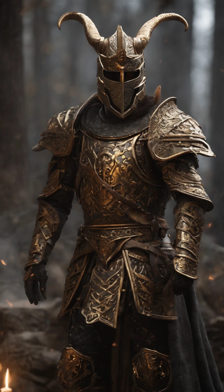 warrior, concept-art,  Fantasy art, battleground background, clean render, a horned, Wear a suit of armor, Detailed bushido form smoke, helmet of a forgotten deity, character is standing, 8k Realistic, in game render, detailed face background detail, Art station front page, taur, Pseudo-medieval fantasy, Skeleton of Koi armor, detailed bronze armor, Bronze armor, golden etched armor, gold obsidian armor, Light gold armor, Gorgeous filigree armor, skeleton warrior, Gorgeous armor full of thorns, Intricate assasin armor, Intricate metal armor, powerful warrior, Dressed in gorgeous gold armor，Decorated with intricate patterns, The helmet has a large crown and two horns,Glowing red eyes， Everything is in the dark, The smoky background hints at the battle scene, Add an ominous aura to his character，submission, Full body shot.