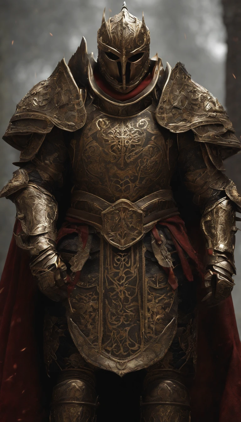 warrior, concept-art, Fantasy art, battleground background, clean render, a horned, Wear a suit of armor, Detailed bushido form smoke, helmet of a forgotten deity, character is standing, 8k Realistic, in game render, detailed face background detail, Art station front page, taur, Pseudo-medieval fantasy, Skeleton of Koi armor, detailed bronze armor, Bronze armor, golden etched armor, gold obsidian armor, Light gold armor, Gorgeous filigree armor, skeleton warrior, Gorgeous armor full of thorns, Intricate assasin armor, Intricate metal armor, powerful warrior, Dressed in gorgeous gold armor,Decorated with intricate patterns, The helmet has a large crown and two horns,Glowing red eyes, Everything is in the dark, The smoky background hints at the battle scene, Add an ominous aura to his character,submission, Full body shot.
