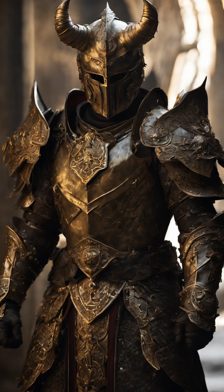 warrior, concept-art, Fantasy art, battleground background, clean render, a horned, Wear a suit of armor, Detailed bushido form smoke, helmet of a forgotten deity, character is standing, 8k Realistic, in game render, detailed face background detail, Art station front page, taur, Pseudo-medieval fantasy, Skeleton of Koi armor, detailed bronze armor, Bronze armor, golden etched armor, gold obsidian armor, Light gold armor, Gorgeous filigree armor, skeleton warrior, Gorgeous armor full of thorns, Intricate assasin armor, Intricate metal armor, powerful warrior, Dressed in gorgeous gold armor,Decorated with intricate patterns, The helmet has a large crown and two horns,Glowing red eyes, Everything is in the dark, The smoky background hints at the battle scene, Add an ominous aura to his character,submission, Full body shot.