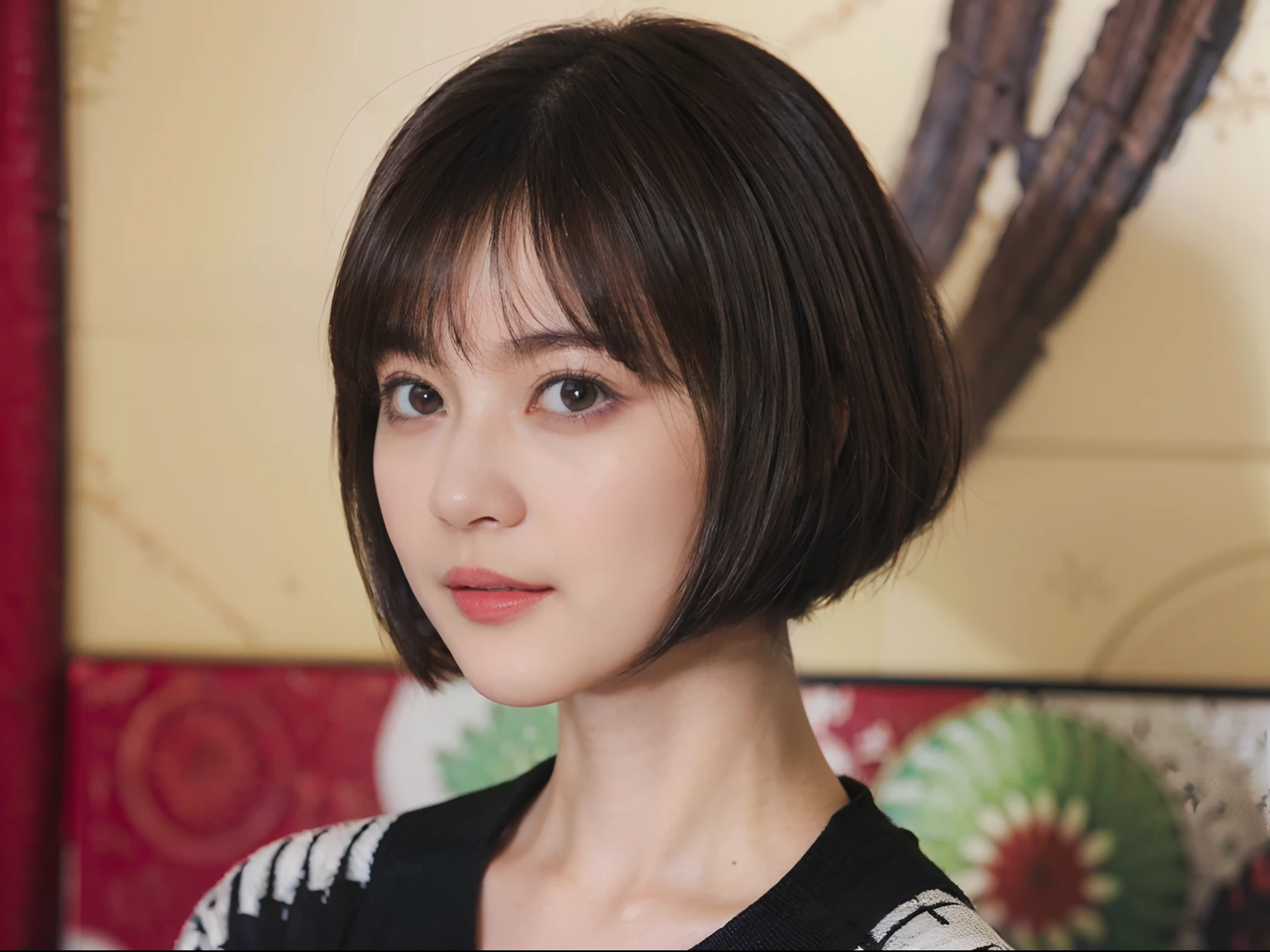 22
(Shorthair:1.3), (a 20 yo woman), (A hyper-realistic), (masutepiece), (8KUHD), Focus on the face, (The walls of the room are fractal art:1.23), 
Graphic T-shirt with anime characters printed
