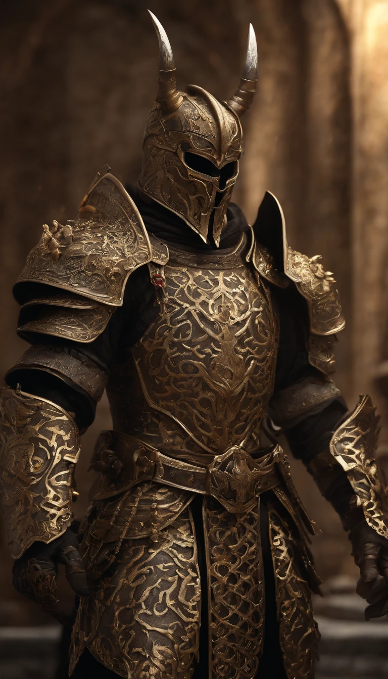 warrior, concept-art, Fantasy art, battleground background, clean render, a horned, Wear a suit of armor, Detailed bushido form smoke, helmet of a forgotten deity, character is standing, 8k Realistic, in game render, detailed face background detail, Art station front page, taur, Pseudo-medieval fantasy, Skeleton of Koi armor, detailed bronze armor, Bronze armor, golden etched armor, gold obsidian armor, Light gold armor, Gorgeous filigree armor, skeleton warrior, Gorgeous armor full of thorns, Intricate assasin armor, Intricate metal armor, powerful warrior, Dressed in gorgeous gold armor,Decorated with intricate patterns, The helmet has a large crown and two horns,Glowing red eyes, Everything is in the dark, The smoky background hints at the battle scene, Add an ominous aura to his character,submission, Full body shot.