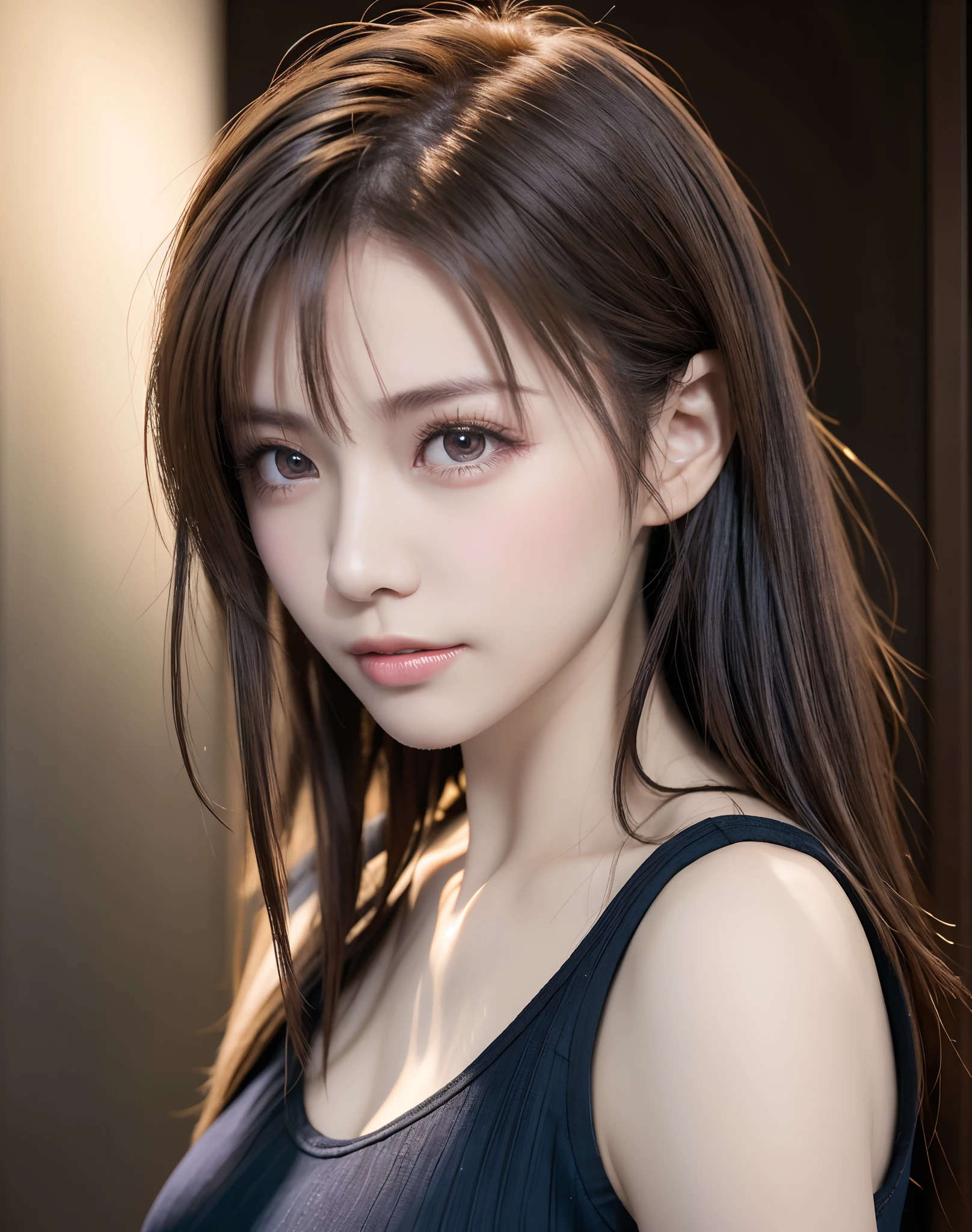 high quality picture, masutepiece, detailed hair texture, Detailed skin texture, Detailed Cloth Texture, 8K, Add fabric details, ultra detailed skin texture, ultra detailed photographic, Skin pores, Portrait of a girl, wearing tank top,