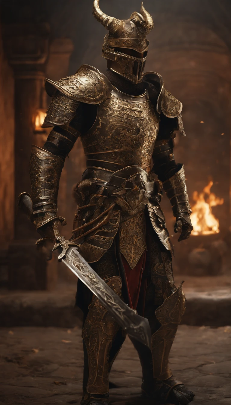 warrior, concept-art, Fantasy art, battleground background, clean render, a horned, Wear a suit of armor, Detailed bushido form smoke, helmet of a forgotten deity, character is standing, 8k Realistic, in game render, detailed face background detail, Art station front page, taur, Pseudo-medieval fantasy, Skeleton of Koi armor, detailed bronze armor, Bronze armor, golden etched armor, gold obsidian armor, Light gold armor, Gorgeous filigree armor, skeleton warrior, Gorgeous armor full of thorns, Intricate assasin armor, Intricate metal armor, powerful warrior, Dressed in gorgeous gold armor,Decorated with intricate patterns, The helmet has a large crown and two horns,Glowing red eyes, Everything is in the dark, The smoky background hints at the battle scene, Add an ominous aura to his character,submission, Full body shot.