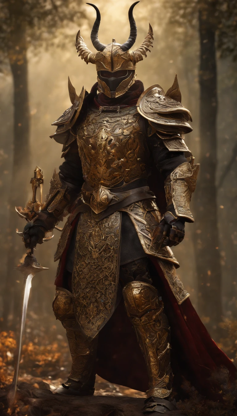 warrior, concept-art, Fantasy art, battleground background, clean render, a horned, Wear a suit of armor, Detailed bushido form smoke, helmet of a forgotten deity, character is standing, 8k Realistic, in game render, detailed face background detail, Art station front page, taur, Pseudo-medieval fantasy, Skeleton of Koi armor, detailed bronze armor, Bronze armor, golden etched armor, gold obsidian armor, Light gold armor, Gorgeous filigree armor, skeleton warrior, Gorgeous armor full of thorns, Intricate assasin armor, Intricate metal armor, powerful warrior, Dressed in gorgeous gold armor,Decorated with intricate patterns, The helmet has a large crown and two horns,Glowing red eyes, Everything is in the dark, The smoky background hints at the battle scene, Add an ominous aura to his character,submission, Full body shot.