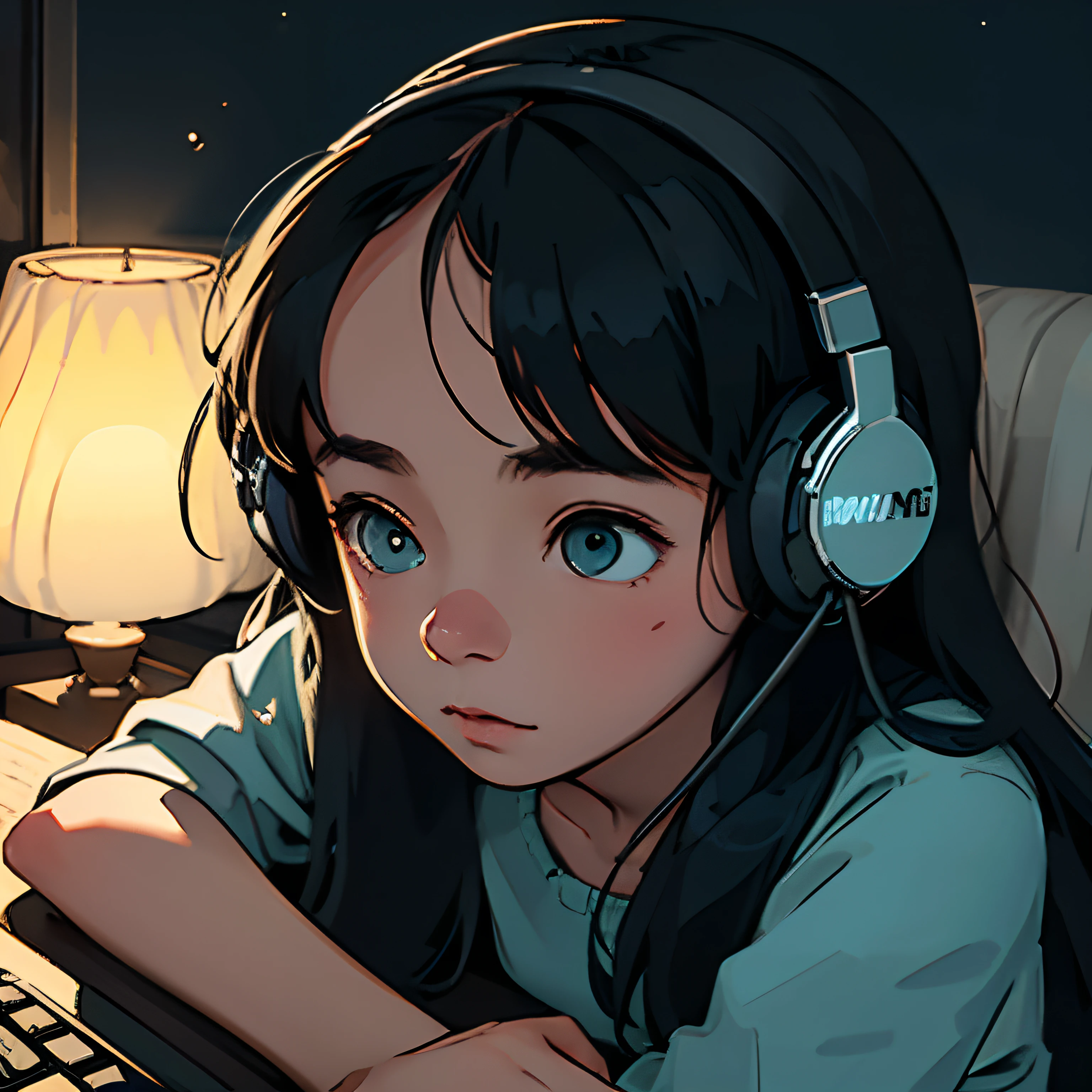 Girl listening to music in a cozy room at night, Using headphones, 2D-style animation, Lo-Fi(Lo-Fi), highly detaild, high image quality