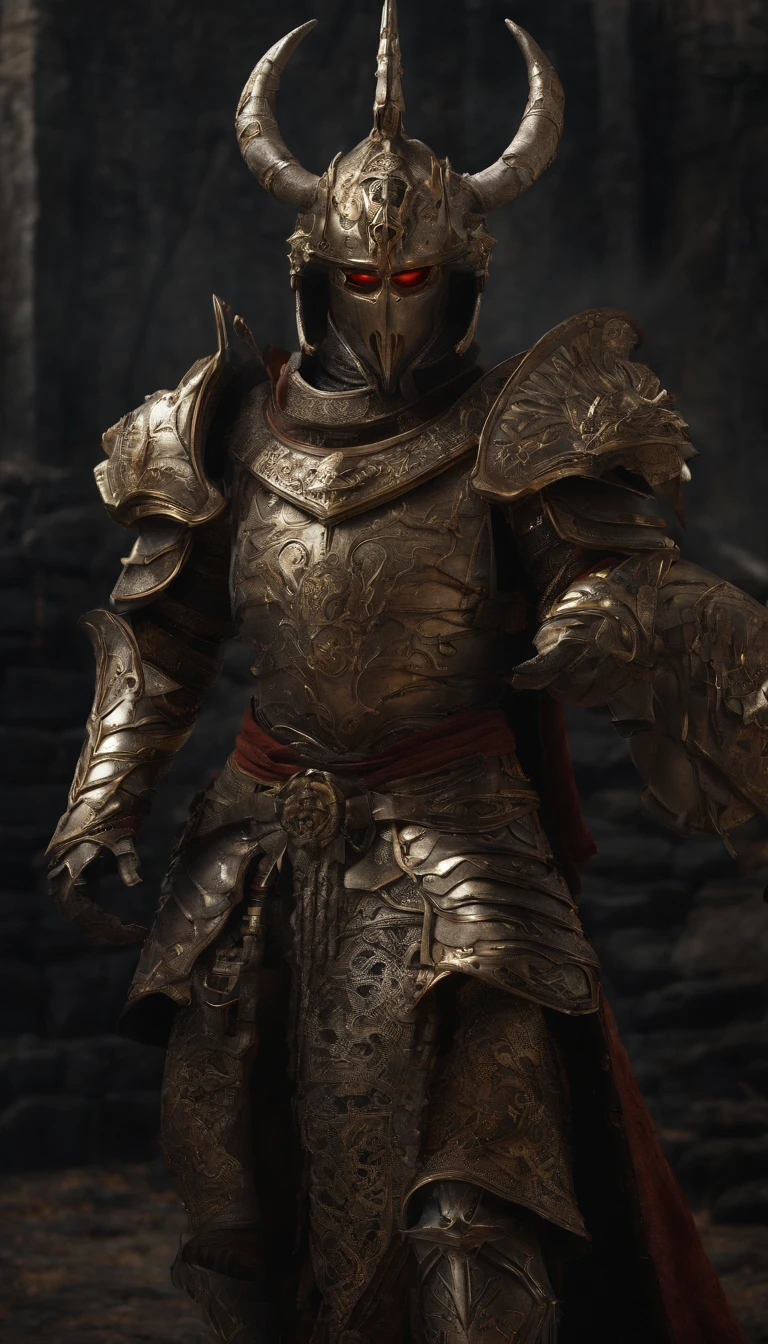 warrior, concept-art,  Fantasy art, battleground background, clean render, a horned, Wear a suit of armor, Detailed bushido form smoke, helmet of a forgotten deity, character is standing, 8k Realistic, in game render, detailed face background detail, Art station front page, taur, Pseudo-medieval fantasy, Skeleton of Koi armor, detailed bronze armor, Bronze armor, golden etched armor, gold obsidian armor, Light gold armor, Gorgeous filigree armor, skeleton warrior, Gorgeous armor full of thorns, Intricate assasin armor, Intricate metal armor, powerful warrior, Dressed in gorgeous gold armor，Decorated with intricate patterns, The helmet has a large crown and two horns,Glowing red eyes， Everything is in the dark, The smoky background hints at the battle scene, Add an ominous aura to his character，submission, Full body shot.