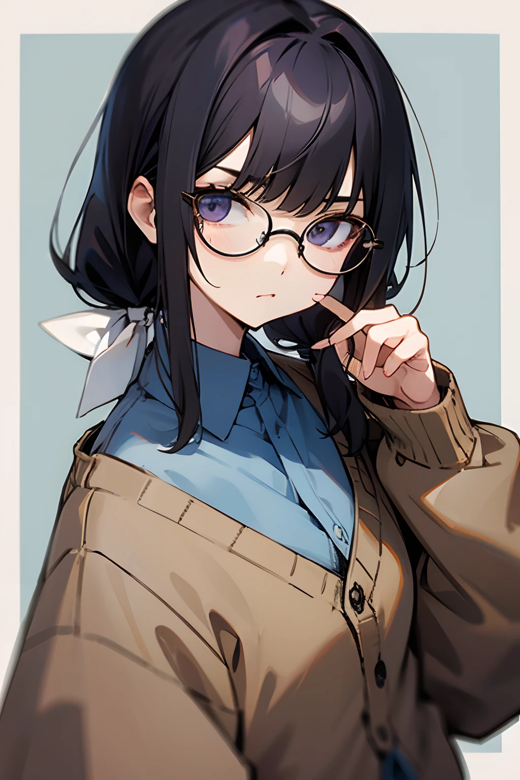 femele、A dark-haired、poneyTail、Straight face、wears glasses、cardigan