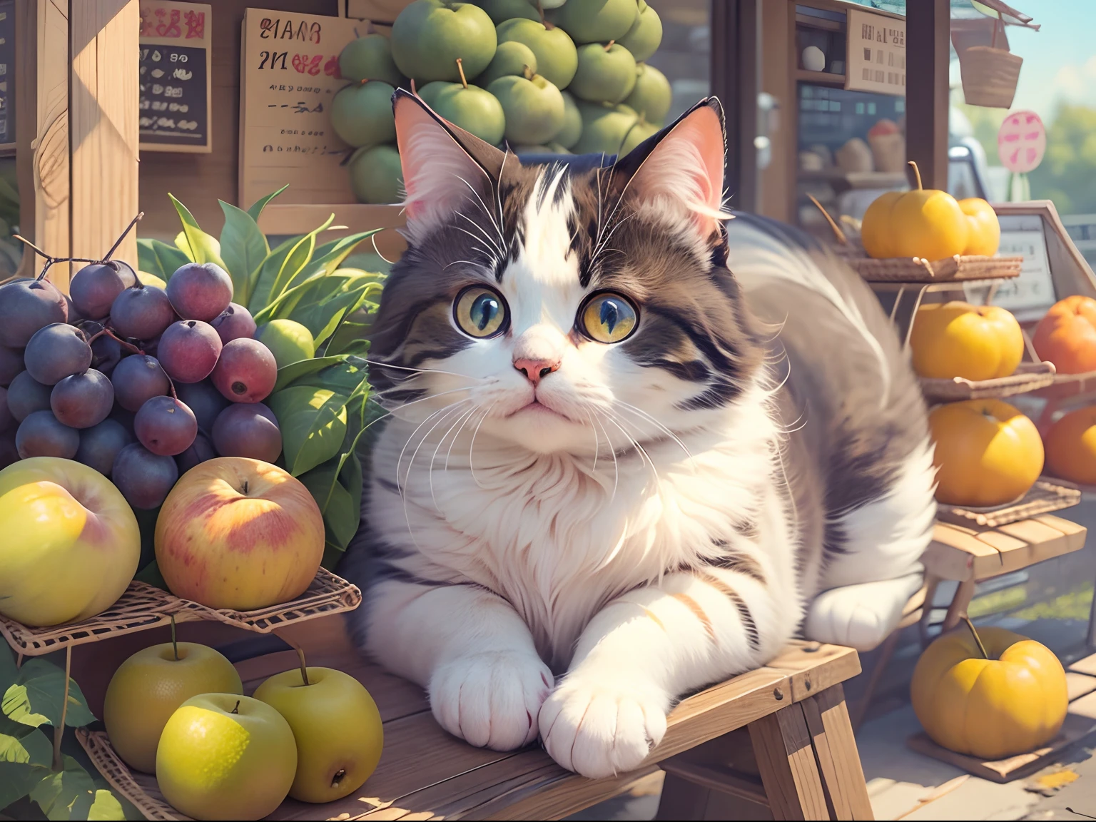 A round-eyed cute cat,sit on chair, fruit stand,exteriors.