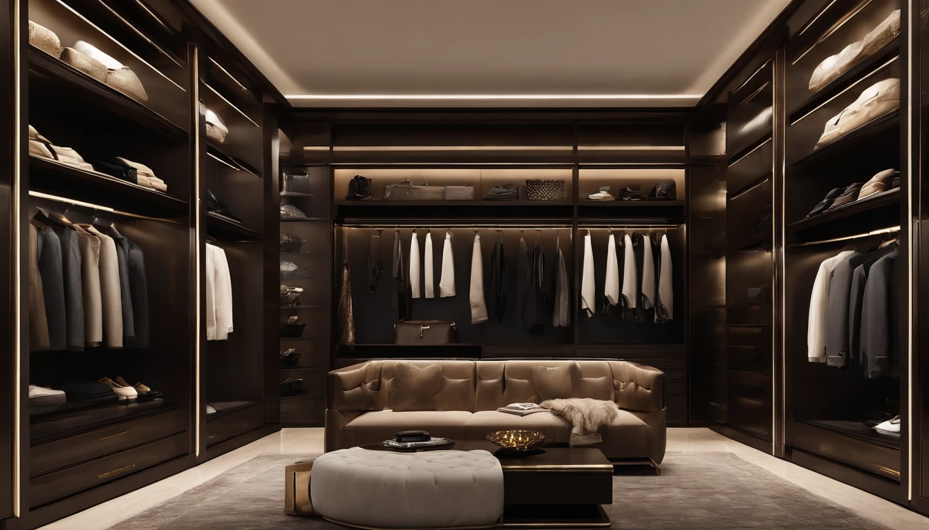 Walk-in closet view，With bench and mirror,The color of the wardrobe door panel is dark brown elegant wardrobe, elegant futuristic wardrobe, luxury item showcase, luxurious environment, luxury hd render, gold and luxury materials, luxury fashion, Luxury materials, elegant and refined, Neat and tidy, luxury brand, Modern style, Luxurious, LuxuryLifestyle, inspo, true realistic image, neo - classical, neo-classical