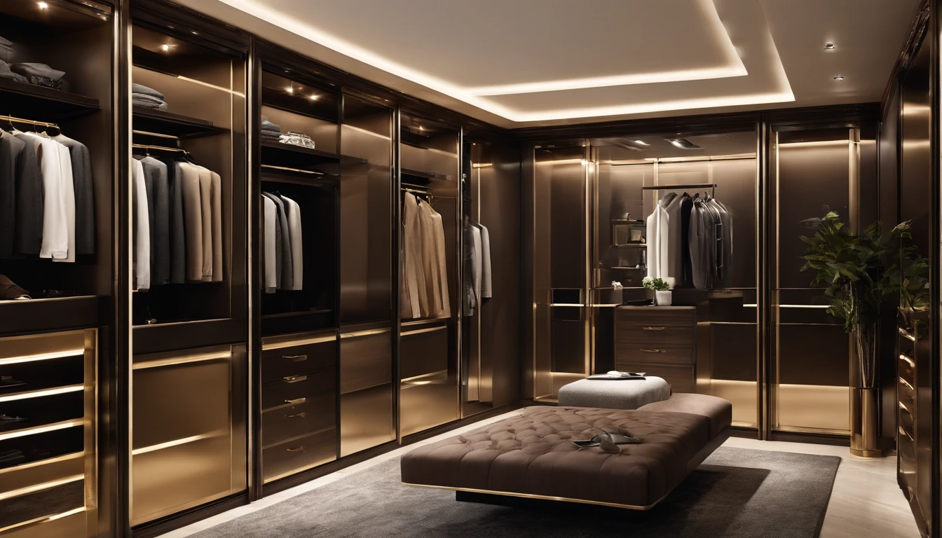 Walk-in closet view,With bench and mirror,The color of the wardrobe door panel is dark brown elegant wardrobe, elegant futuristic wardrobe, luxury item showcase, luxurious environment, luxury hd render, gold and luxury materials, luxury fashion, Luxury materials, elegant and refined, Neat and tidy, luxury brand, Modern style, Luxurious, LuxuryLifestyle, inspo, true realistic image, neo - classical, neo-classical