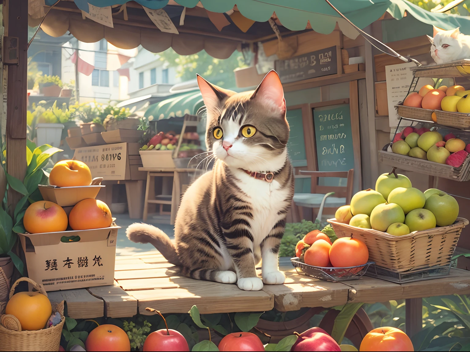 A round-eyed cute cat,sit on chair, fruit stand,exteriors.