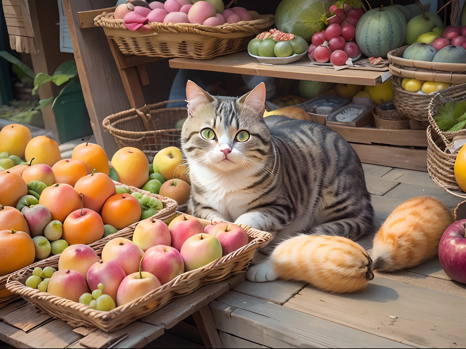 A round-eyed cute cat,sit on chair, fruit stand,exteriors.