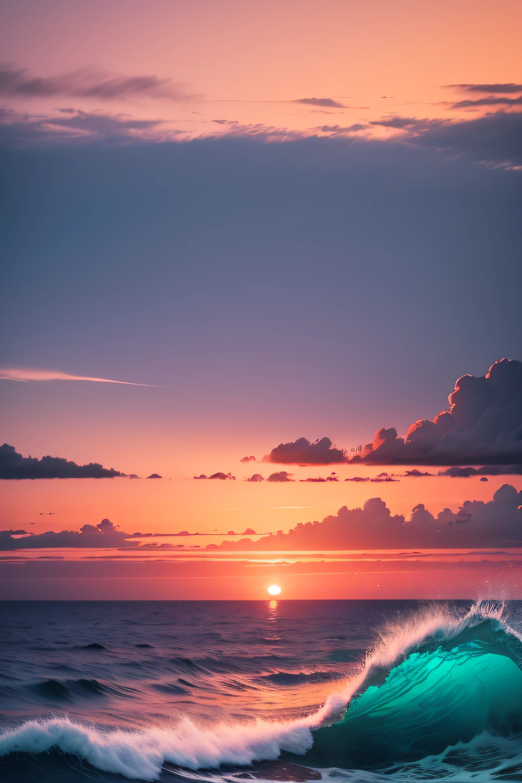 "Generate an illustration from Sea Art depicting the serenity of the ocean at sunset. Emphasize the warm tones of orange and pink reflecting off the calm water. Include a sleek sailboat sailing gently offshore, surrounded by seabirds in flight. The pink and golden clouds should form a soothing sky above the horizon. Make sure that the overall mood of the illustration conveys the peace and harmony inspired by the sea at dusk."