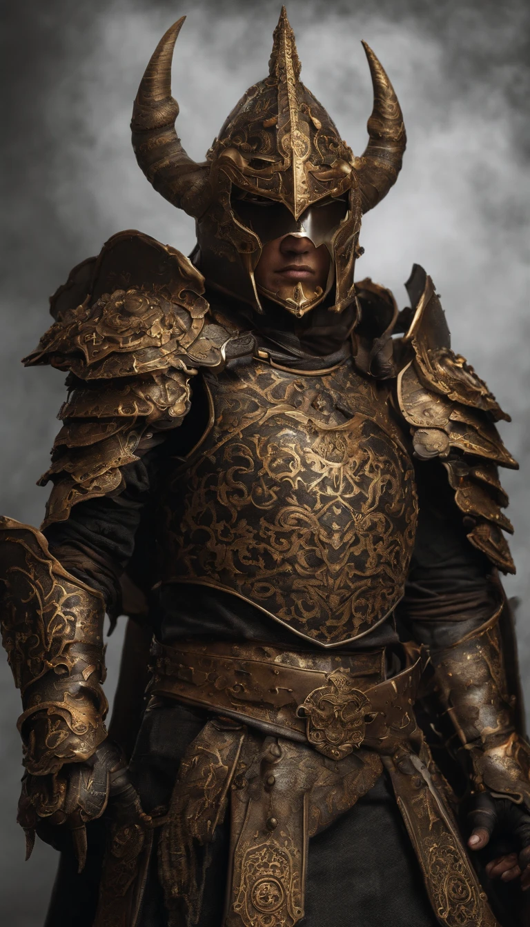 warrior, concept-art, Fantasy art, battleground background, clean render, a horned, Wear a suit of armor, Detailed bushido form smoke, helmet of a forgotten deity, character is standing, 8k Realistic, in game render, detailed face background detail, Art station front page, taur, Pseudo-medieval fantasy, The demon of koi armor, detailed bronze armor, Bronze armor, golden etched armor, gold obsidian armor, Light gold armor, Gorgeous filigree armor, A demonic warrior, Gorgeous armor full of thorns, Intricate assasin armor, Intricate metal armor, powerful warrior, Dressed in gorgeous gold armor,Decorated with intricate patterns, The helmet has a large crown and two horns,Glowing red eyes, Everything is in the dark, The smoky background hints at the battle scene, Add an ominous aura to his character,submission, Full body shot.