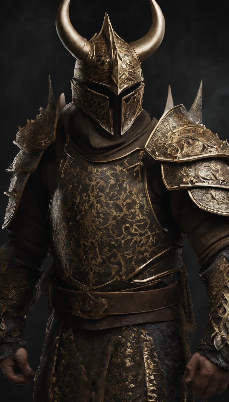 warrior, concept-art, Fantasy art, battleground background, clean render, a horned, Wear a suit of armor, Detailed bushido form smoke, helmet of a forgotten deity, character is standing, 8k Realistic, in game render, detailed face background detail, Art station front page, taur, Pseudo-medieval fantasy, The demon of koi armor, detailed bronze armor, Bronze armor, golden etched armor, gold obsidian armor, Light gold armor, Gorgeous filigree armor, A demonic warrior, Gorgeous armor full of thorns, Intricate assasin armor, Intricate metal armor, powerful warrior, Dressed in gorgeous gold armor,Decorated with intricate patterns, The helmet has a large crown and two horns,Glowing red eyes, Everything is in the dark, The smoky background hints at the battle scene, Add an ominous aura to his character,submission, Full body shot.