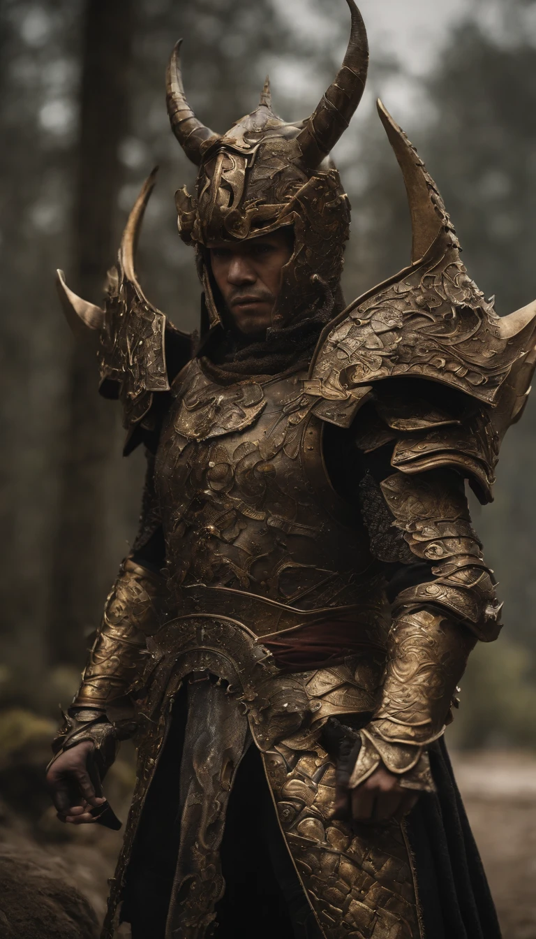 warrior, concept-art, Fantasy art, battleground background, clean render, a horned, Wear a suit of armor, Detailed bushido form smoke, helmet of a forgotten deity, character is standing, 8k Realistic, in game render, detailed face background detail, Art station front page, taur, Pseudo-medieval fantasy, The demon of koi armor, detailed bronze armor, Bronze armor, golden etched armor, gold obsidian armor, Light gold armor, Gorgeous filigree armor, A demonic warrior, Gorgeous armor full of thorns, Intricate assasin armor, Intricate metal armor, powerful warrior, Dressed in gorgeous gold armor,Decorated with intricate patterns, The helmet has a large crown and two horns,Glowing red eyes, Everything is in the dark, The smoky background hints at the battle scene, Add an ominous aura to his character,submission, Full body shot.