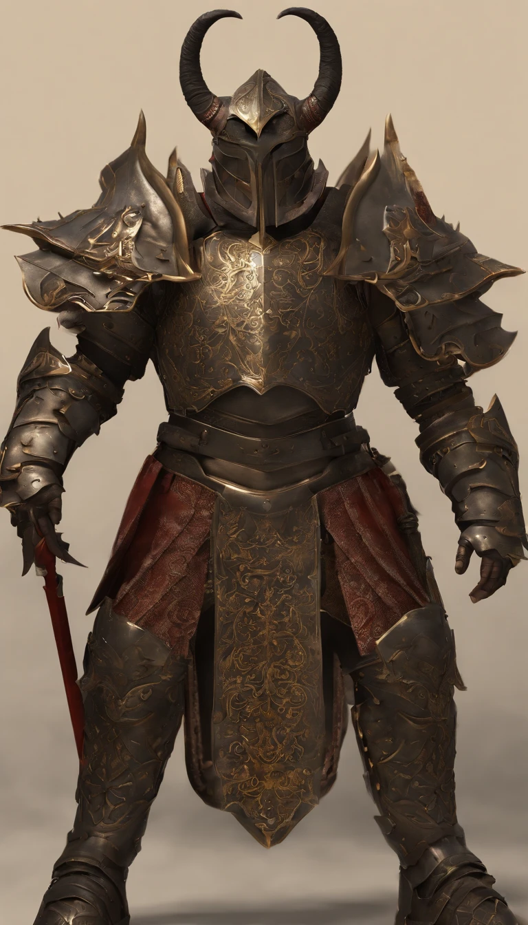 warrior, concept-art, Fantasy art, battleground background, clean render, a horned, Wear a suit of armor, Detailed bushido form smoke, helmet of a forgotten deity, character is standing, 8k Realistic, in game render, detailed face background detail, Art station front page, taur, Pseudo-medieval fantasy, The demon of koi armor, detailed bronze armor, Bronze armor, golden etched armor, gold obsidian armor, Light gold armor, Gorgeous filigree armor, A demonic warrior, Gorgeous armor full of thorns, Intricate assasin armor, Intricate metal armor, powerful warrior, Dressed in gorgeous gold armor,Decorated with intricate patterns, The helmet has a large crown and two horns,Glowing red eyes, Everything is in the dark, The smoky background hints at the battle scene, Add an ominous aura to his character,submission, Full body shot.