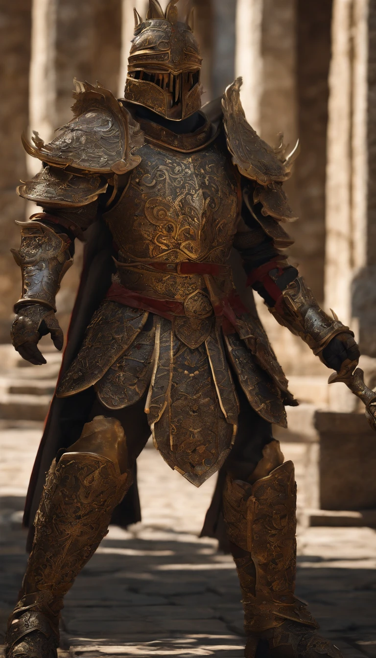 warrior, concept-art,  Fantasy art, battleground background, clean render, a horned, Wear a suit of armor, Detailed bushido form smoke, helmet of a forgotten deity, character is standing, 8k Realistic, in game render, detailed face background detail, Art station front page, taur, Pseudo-medieval fantasy, The demon of koi armor, detailed bronze armor, Bronze armor, golden etched armor, gold obsidian armor, Light gold armor, Gorgeous filigree armor, A demonic warrior, Gorgeous armor full of thorns, Intricate assasin armor, Intricate metal armor, powerful warrior, Dressed in gorgeous gold armor，Decorated with intricate patterns, The helmet has a large crown and two horns,Glowing red eyes， Everything is in the dark, The smoky background hints at the battle scene, Add an ominous aura to his character，submission, Full body shot.