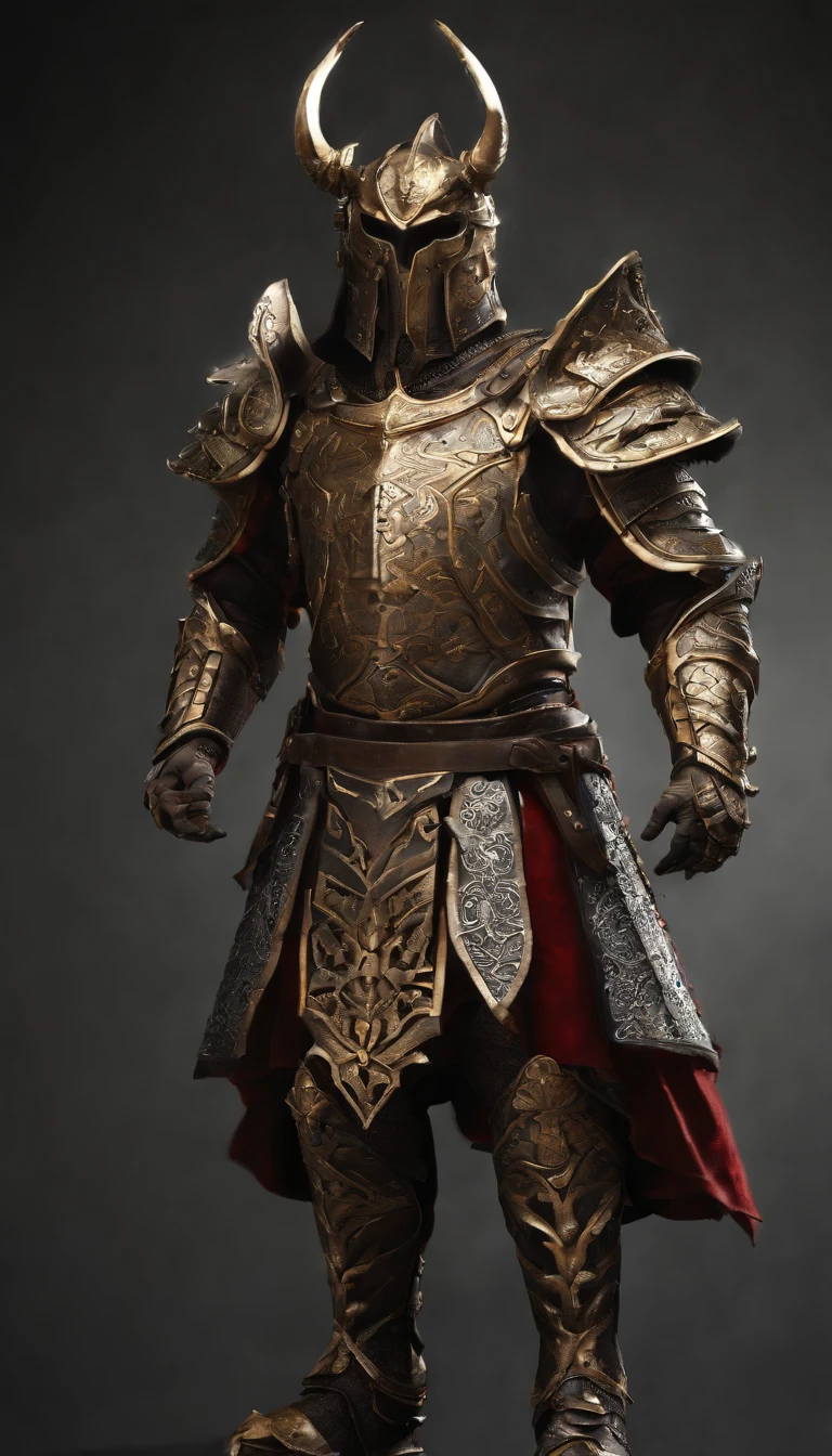 warrior, concept-art, Fantasy art, battleground background, clean render, a horned, Wear a suit of armor, Detailed bushido form smoke, helmet of a forgotten deity, character is standing, 8k Realistic, in game render, detailed face background detail, Art station front page, taur, Pseudo-medieval fantasy, The demon of koi armor, detailed bronze armor, Bronze armor, golden etched armor, gold obsidian armor, Light gold armor, Gorgeous filigree armor, A demonic warrior, Gorgeous armor full of thorns, Intricate assasin armor, Intricate metal armor, powerful warrior, Dressed in gorgeous gold armor,Decorated with intricate patterns, The helmet has a large crown and two horns,Glowing red eyes, Everything is in the dark, The smoky background hints at the battle scene, Add an ominous aura to his character,submission, Full body shot.